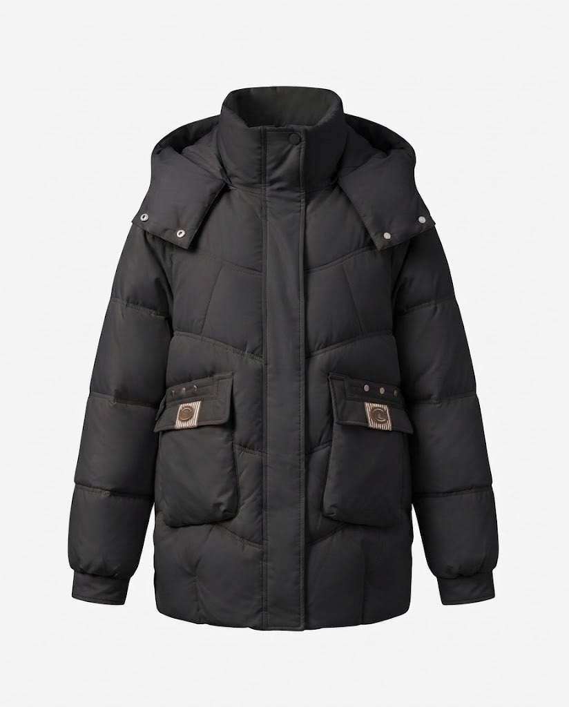 Damen mid-long gepolsterte Parka mit hohem Stehkragenklappe, verstaubarem Kapuze und großen Cargo-Taschen