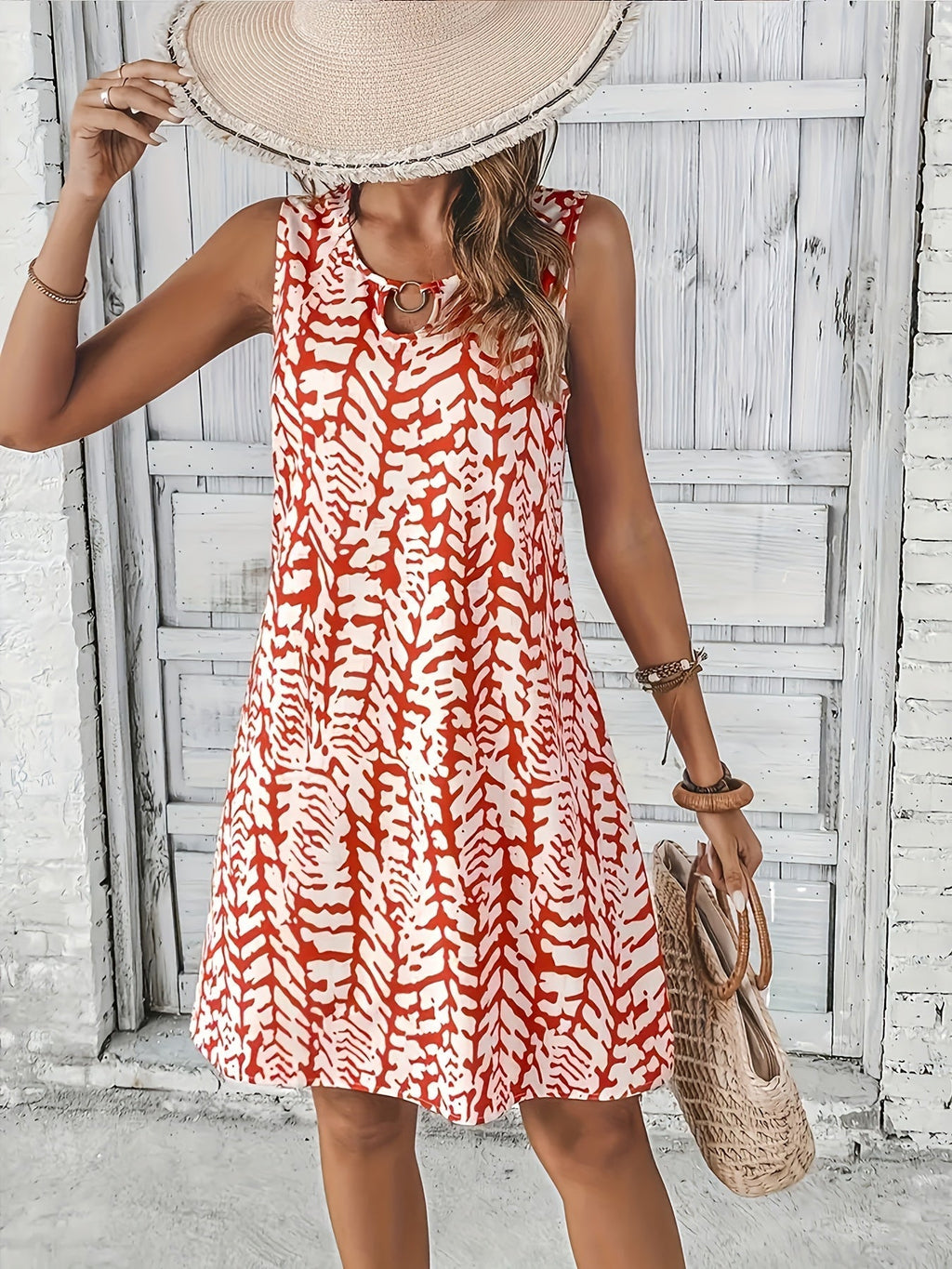 Sommerkleid mit Print Ohne Ärmel, V-Ausschnitt, A-Linie, Leicht und Elegant