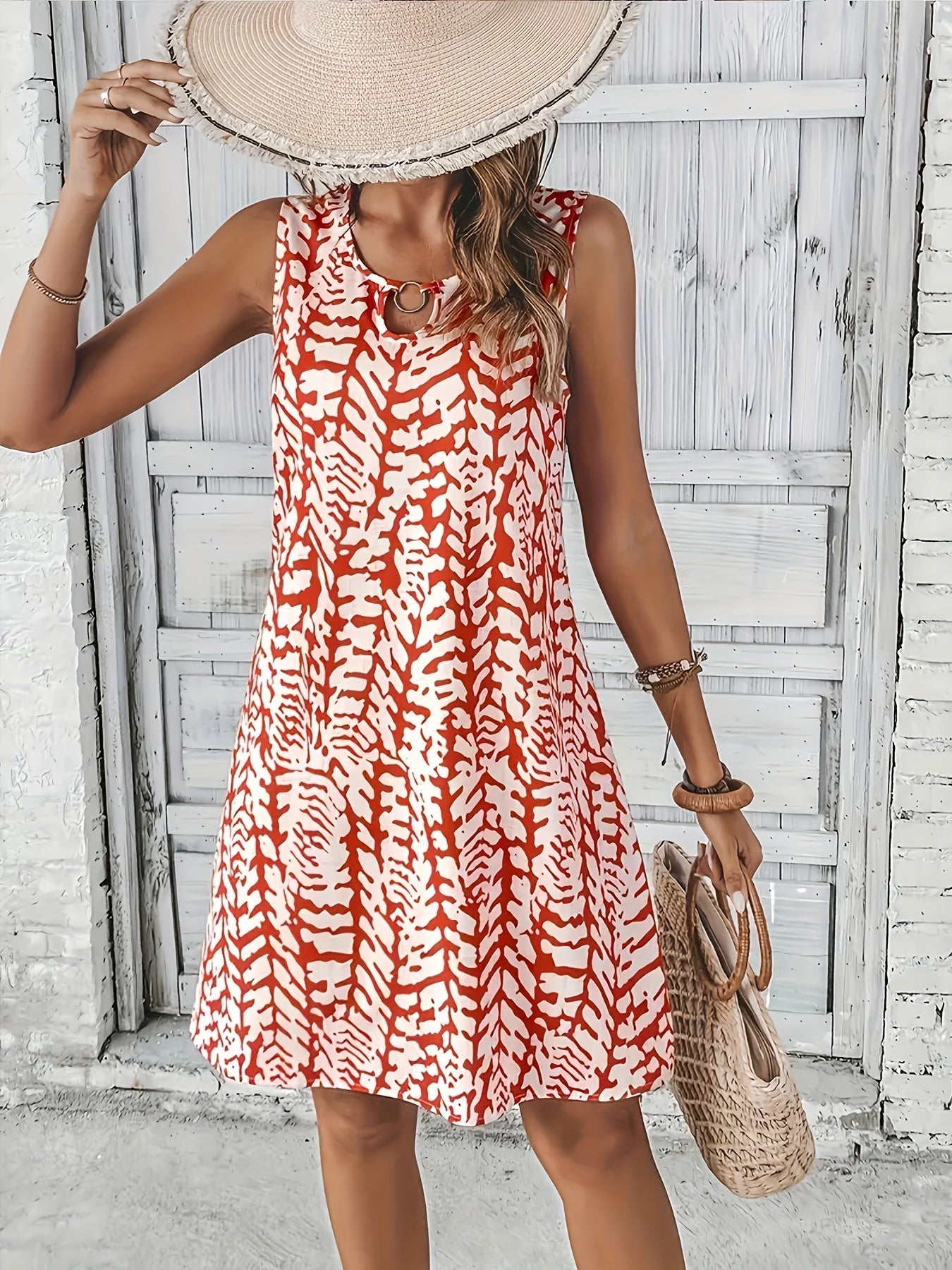 Sommerkleid mit Print Ohne Ärmel, V-Ausschnitt, A-Linie, Leicht und Elegant