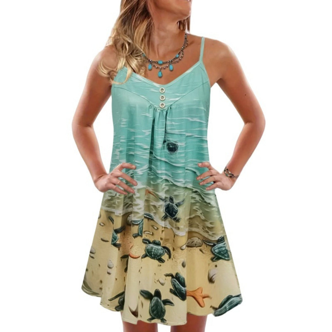 Shopnory | Bedrucktes lockeres Strandkleid mit ärmellosen Trägern