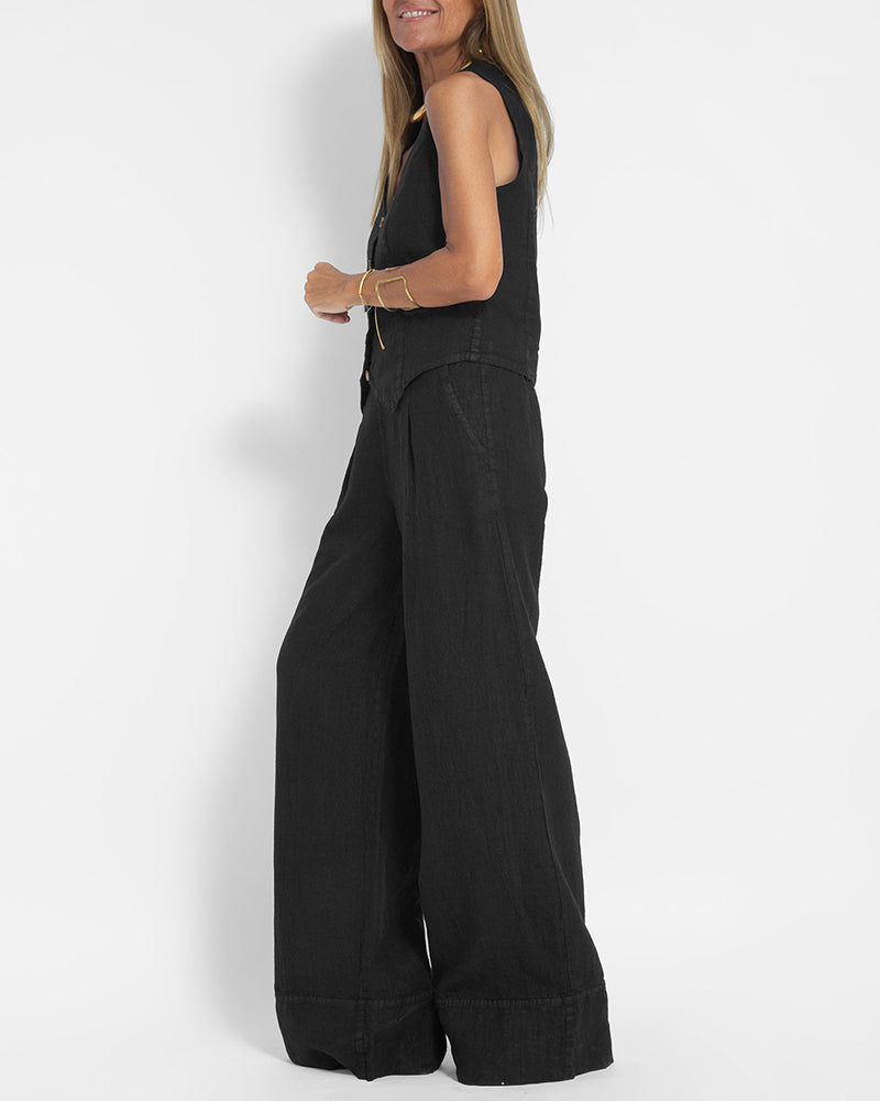 Elegantes 2-Teiliges Set Leinen Weite Hose & Weste