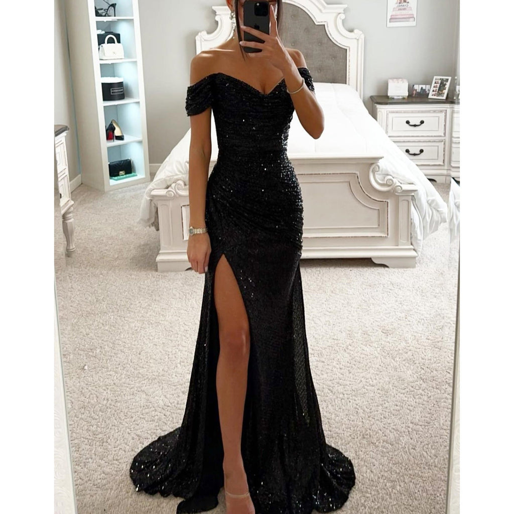 Glitzerndes Damen Abendkleid Schulterfreies Maxikleid mit Schlitz für Hochzeit & Fest | ShopNory