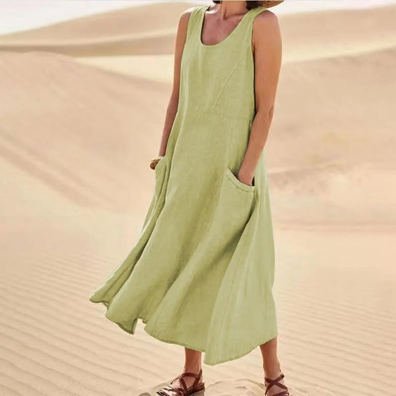 Leinen-Baumwoll-Ärmelloses Kleid für Frauen