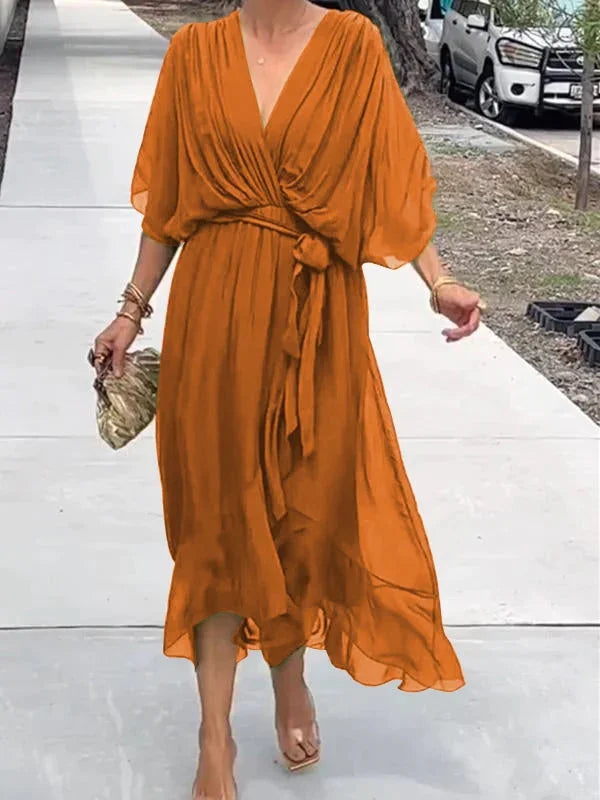 Damen Chiffonkleid Grün V-Ausschnitt Sommerkleid