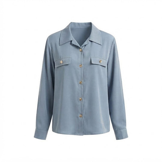 Damen Lockeres Seidenoptik-Hemdenbluse mit goldenen Schmuckknöpfen und Pattentaschen Shop Nory
