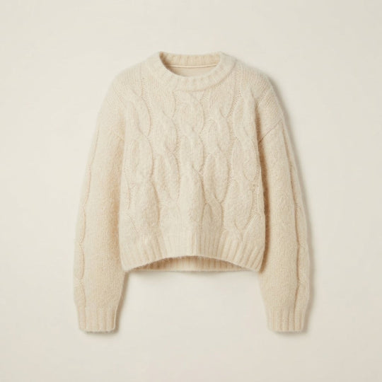 Damen Kurzgeschnittener flauschiger Mohair‑Optik Pullover mit Ballonärmeln und Zopfmuster Shop Nory