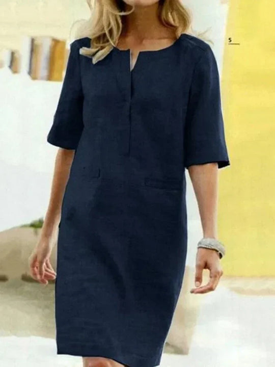 Damen Kurzarm Baumwolle und Leinen Kleid