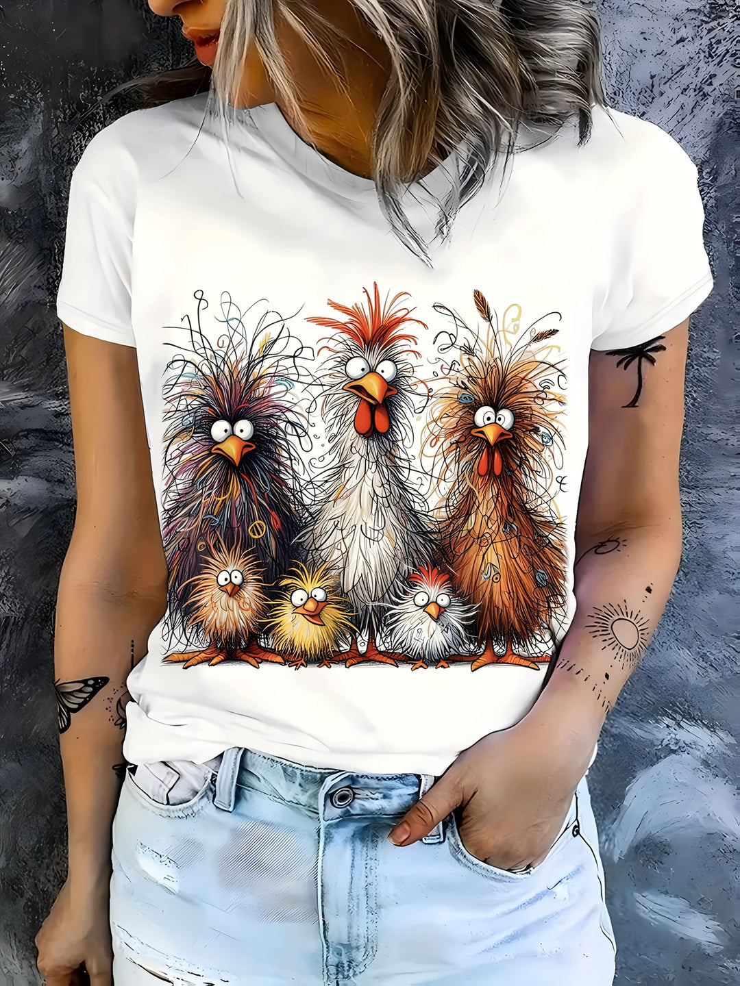 Damen T-Shirt Sommershirt mit Hühnerdruck, Rundhalsausschnitt, Kurze Ärmel, Lässig und Komfortabel