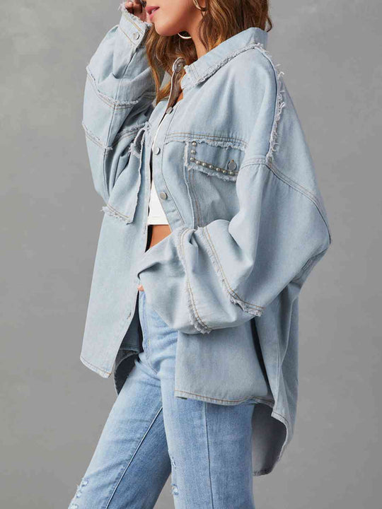 Shopnory | Button Down Raw Hem Denim Jacke