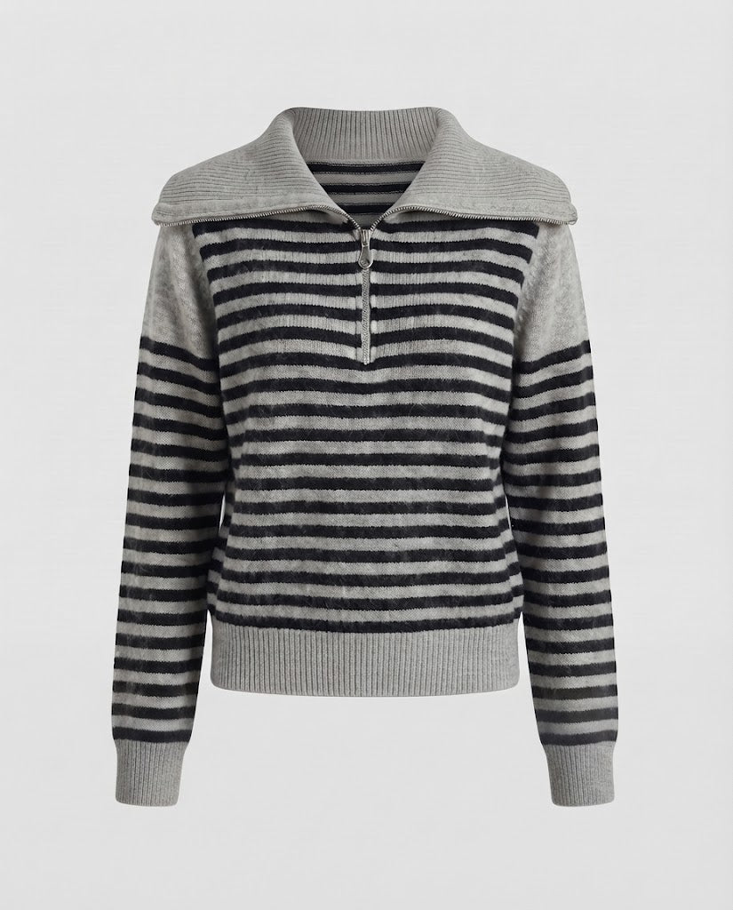 Damen Gestreifter Kurzpullover aus flauschigem Mohair‑Look mit halbem Reißverschluss und überlappendem Kragen Shop Nory