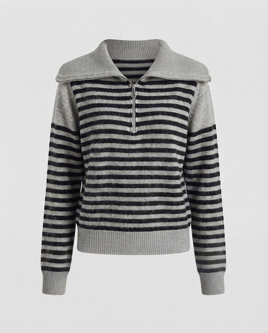 Damen Gestreifter Kurzpullover aus flauschigem Mohair‑Look mit halbem Reißverschluss und überlappendem Kragen Shop Nory