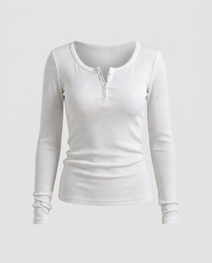 Damen Figurnahes Geripptes Langarm-Henleyshirt mit Zierknopfleiste und Zackenrand Shop Nory
