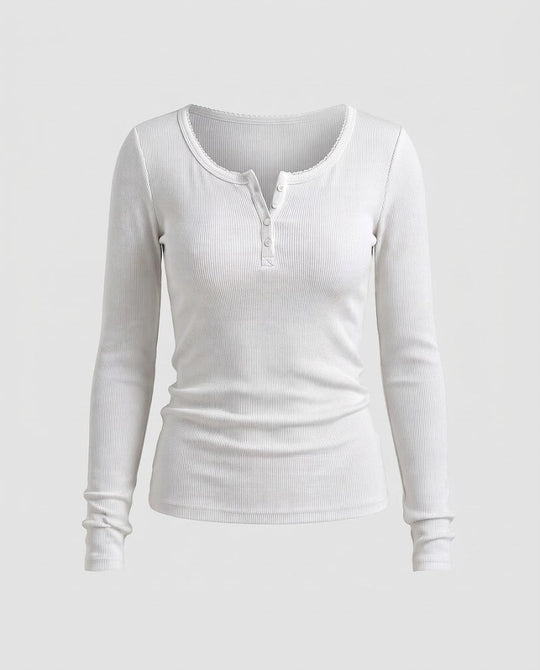 Damen Figurnahes Geripptes Langarm-Henleyshirt mit Zierknopfleiste und Zackenrand Shop Nory