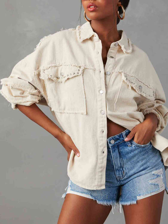 Shopnory | Button Down Raw Hem Denim Jacke