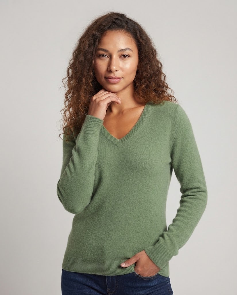 Damen Weicher V‑Ausschnitt‑Pullover in Angora‑Optik mit Mohair‑Mix und gerippten Bündchen Shop Nory