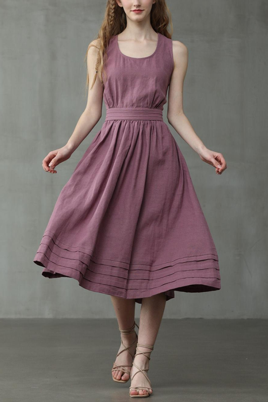 Cross Back O-Hals Maxikleid Leinen