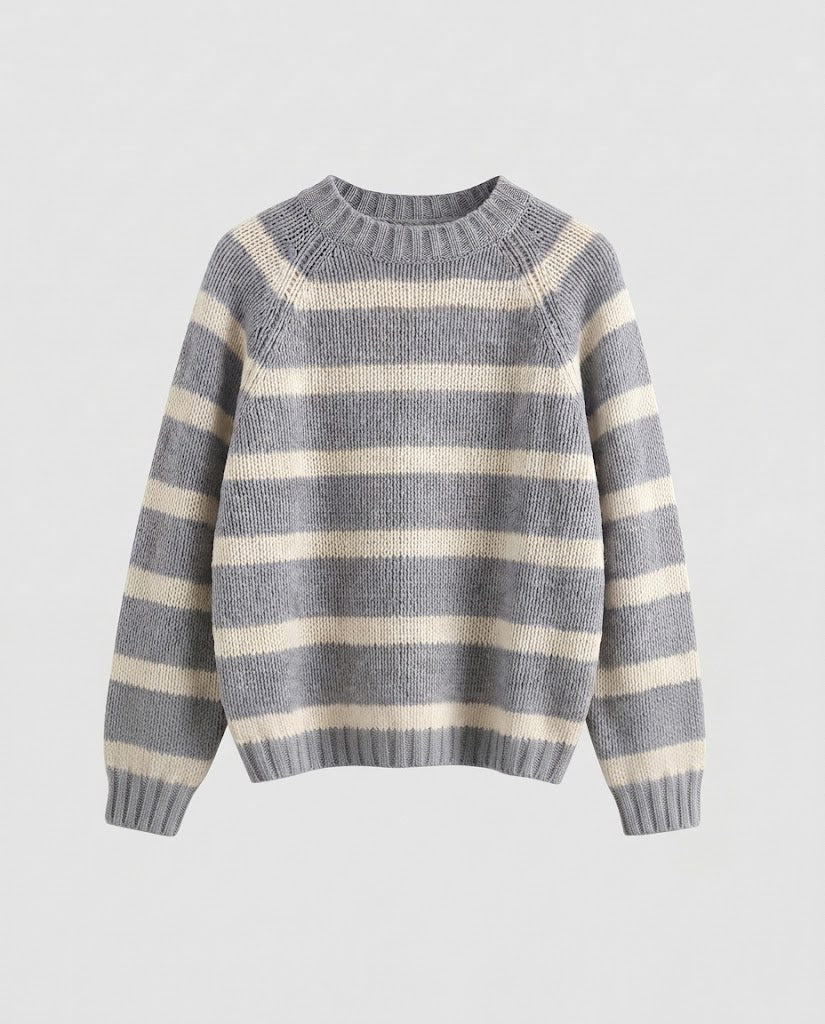 Damen Gestreifter Boxy-Strickpullover mit grober Masche und Rundhalsausschnitt Shop Nory