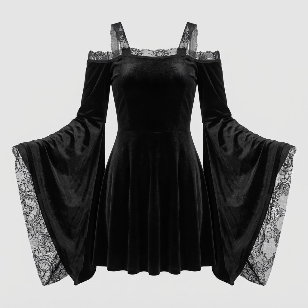 Damen Gothic-Kleid mit Spitzenärmeln und schwingendem Rock Shop Nory