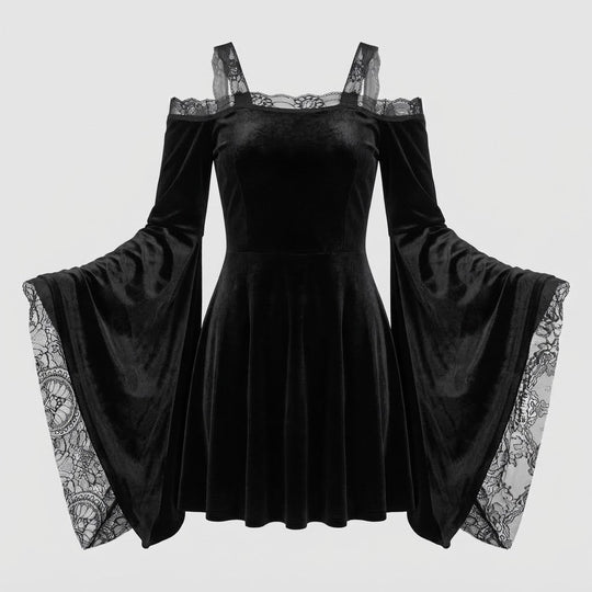 Damen Gothic-Kleid mit Spitzenärmeln und schwingendem Rock Shop Nory