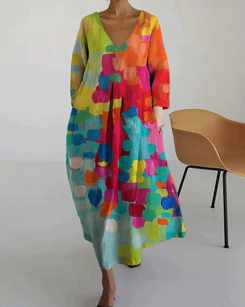 Bunt Bedrucktes Kleid Mit V-Ausschnitt