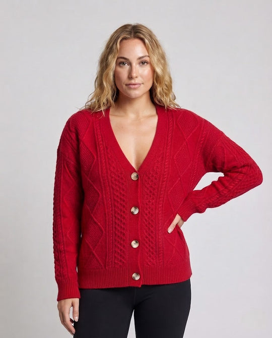 Damen Feiner Wollmix-Cardigan mit Zopfmuster, V‑Ausschnitt und Perlmuttknöpfen Shop Nory