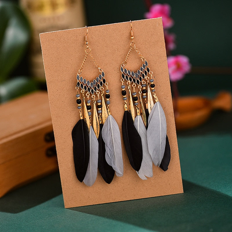 Ethnische Feder | Ethnische Feder Ohrringe für Frauen Lange Baumeln | Shop Nory