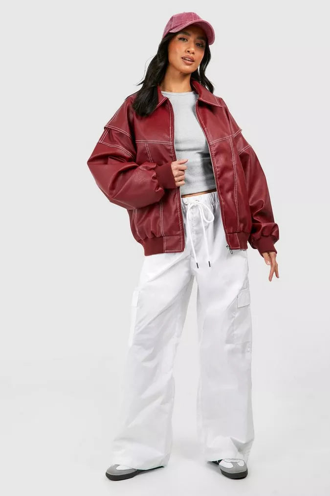 Shopnory | Damen Oversized Lederjacke Rot