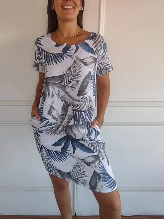 Damen Bedrucktes Baumwoll- und Leinenkleid