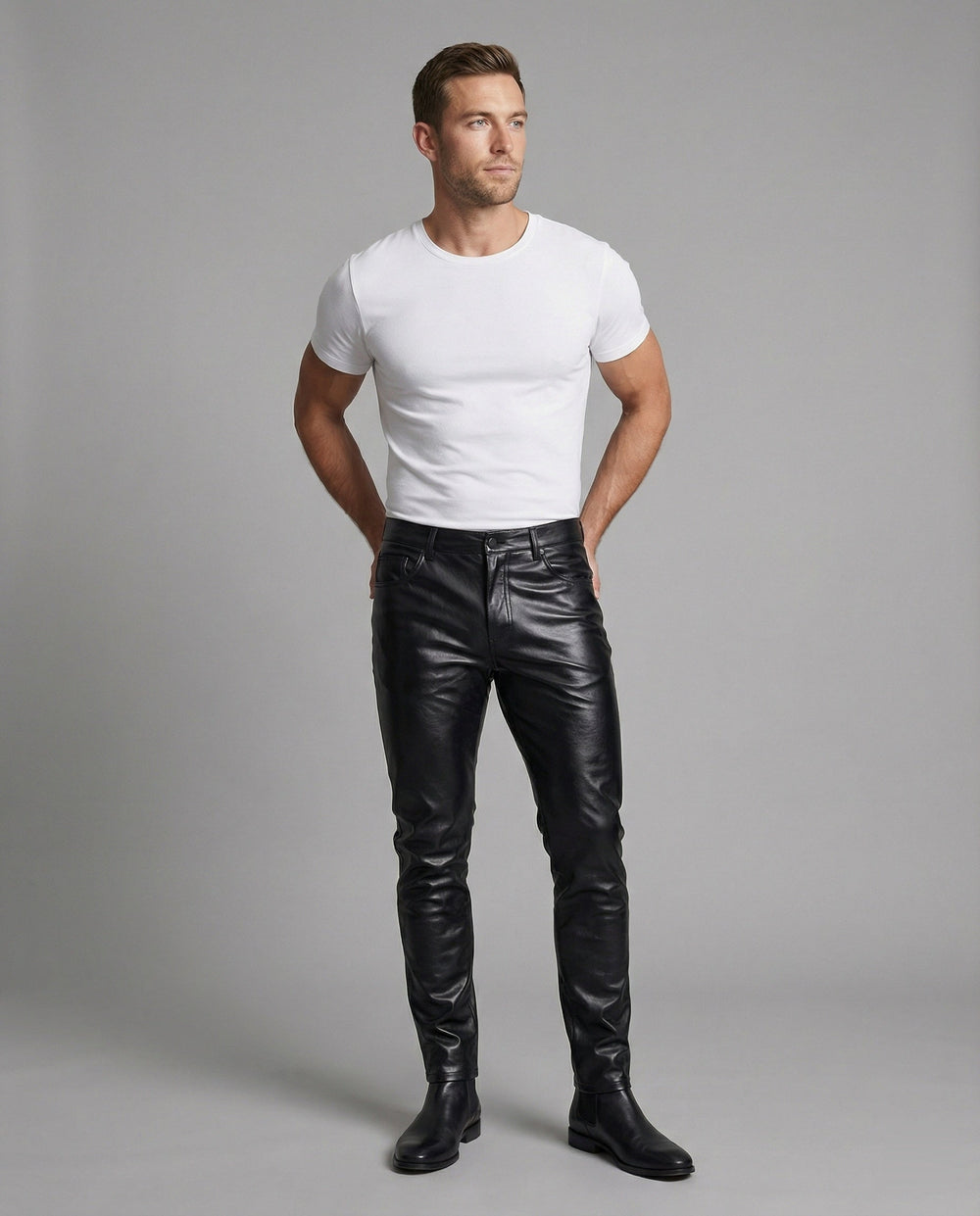 Herren Kunstleder Hose Slim Fit mit Steppdetails
