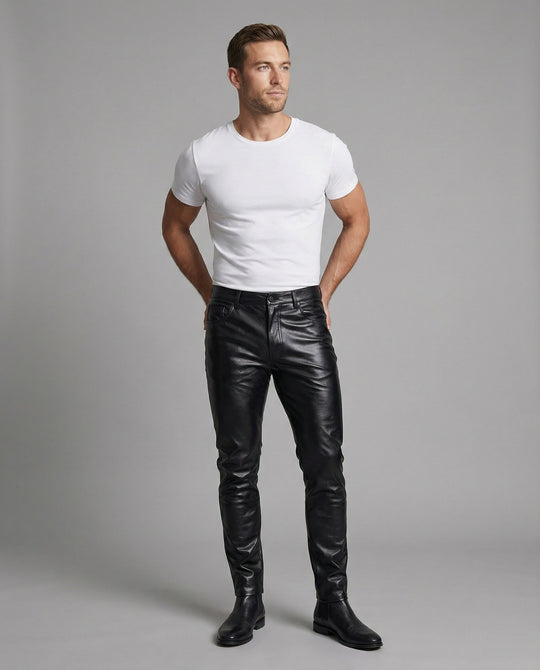Herren Kunstleder Hose Slim Fit mit Steppdetails