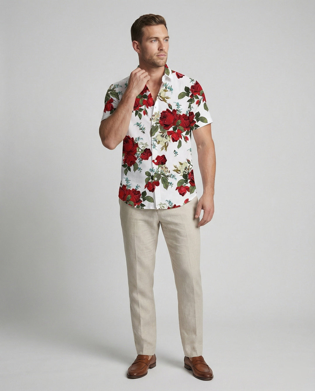 Kurzarmhemd Herren Blumenmuster Leinenoptik