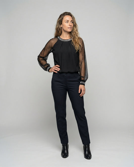 ShopNory Damen Mesh-Bluse mit Strassbesatz und transparenten Ärmeln