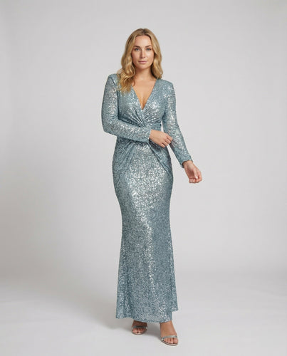 Give Em' Glam Paillettenkleid mit Langen Ärmeln und Gekreuztem Taillendetail Abend-Maxikleid
