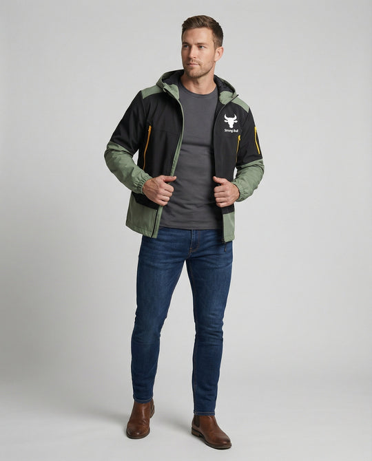 Herrenjacke mit Reißverschluss, Kapuze und Farbblockdesign