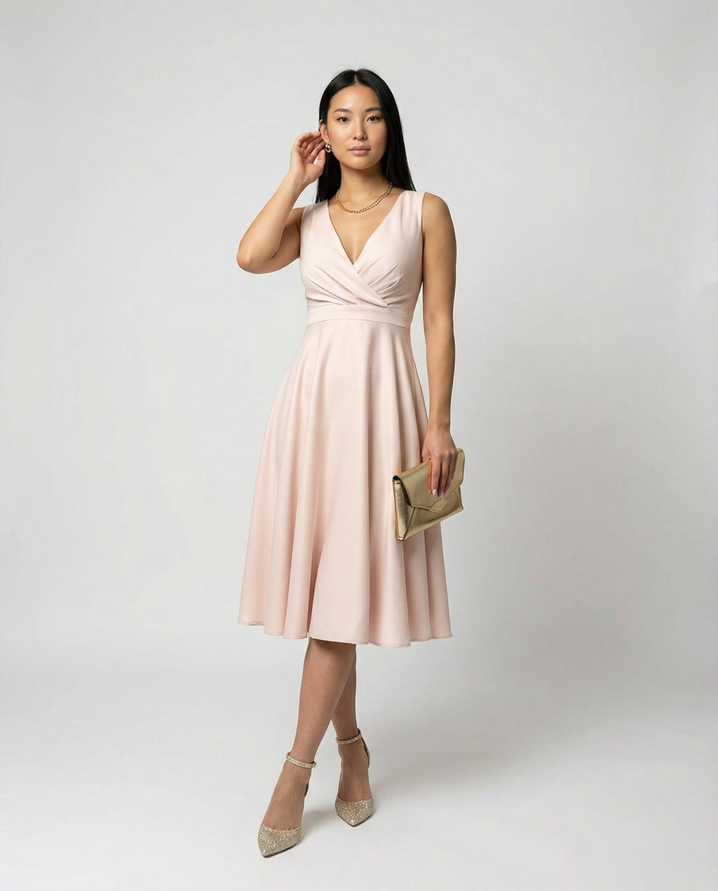 Midi-Kleid in A-Linie, Reißverschluss, Riemen, V-Ausschnitt, ärmellos, elegant, für Damen, Cocktailparty
