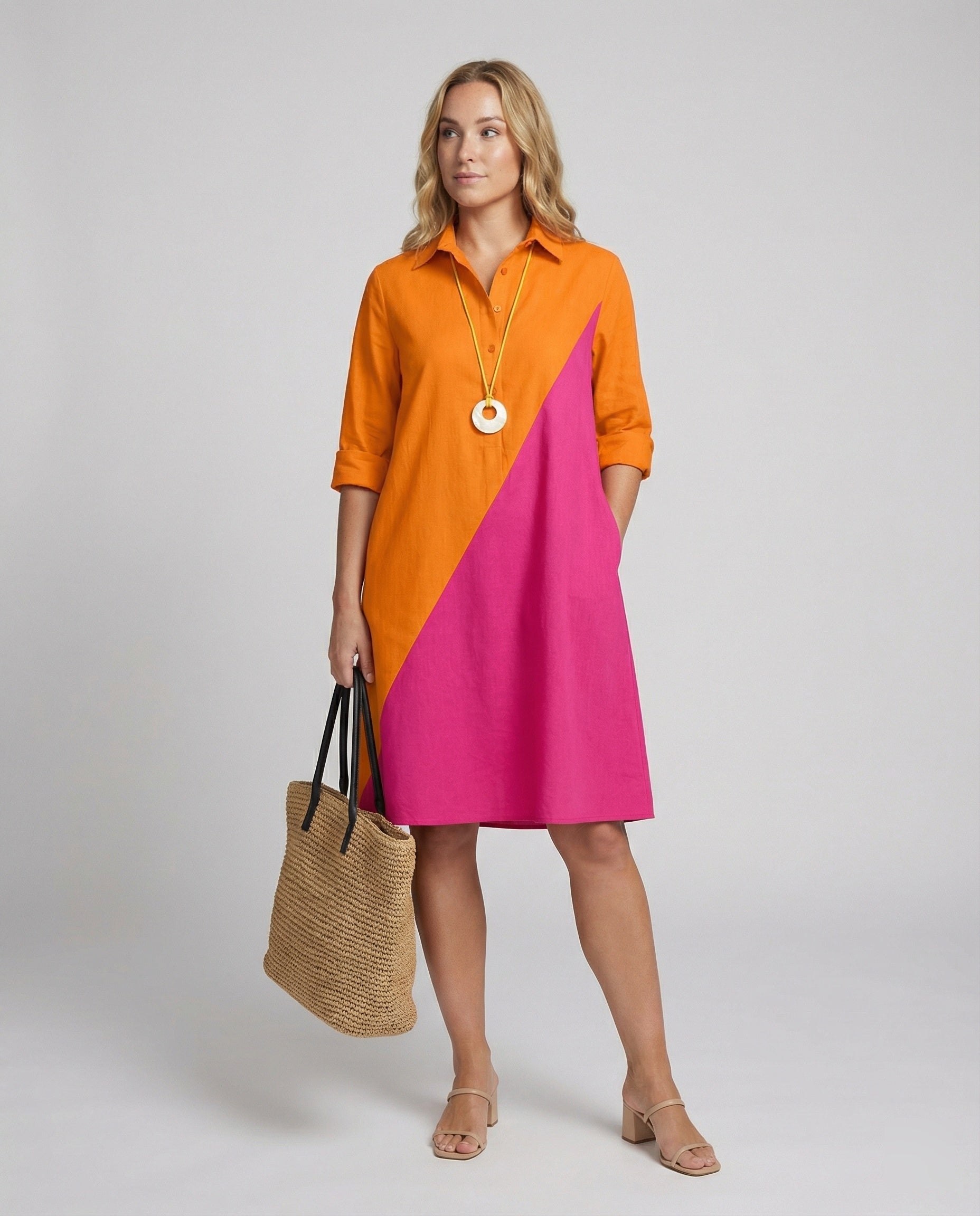 Hemdblusenkleid mit Umlegekragen & Dreiviertelärmel