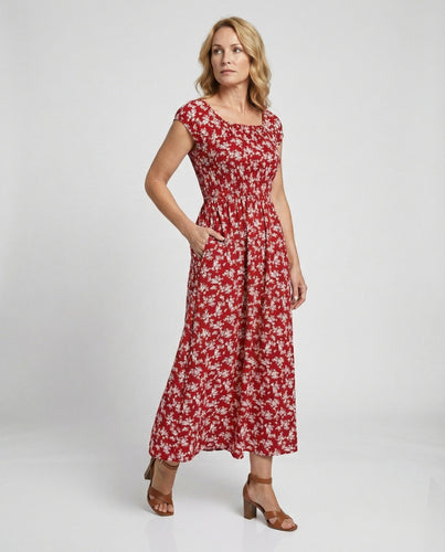 Damen Midikleid Smockbund Sommer