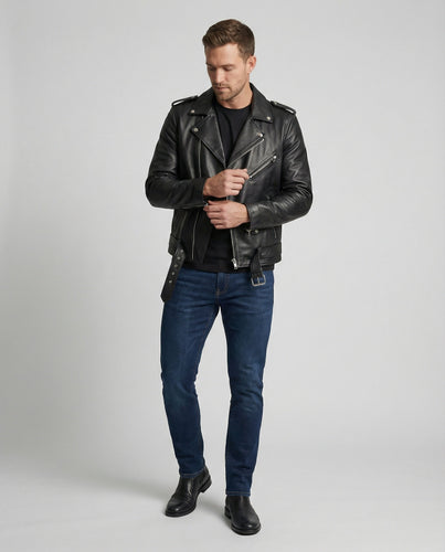 Herren Biker-Lederjacke mit Taschen