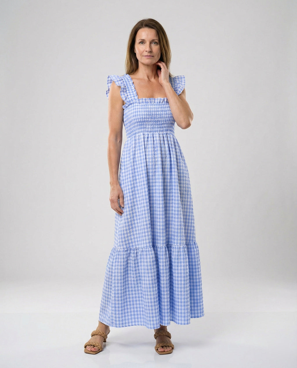 Damen Vichy Maxikleid mit Smokoberteil