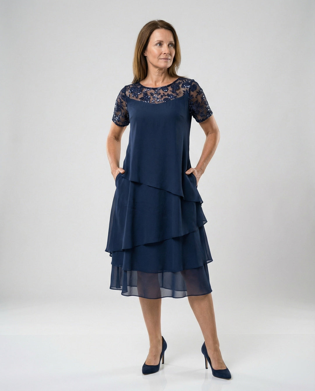Damen Elegantes Schichtkleid mit Spitzenärmel und asymmetrischem Saum