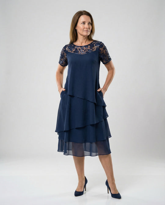 Damen Elegantes Schichtkleid mit Spitzenärmel und asymmetrischem Saum