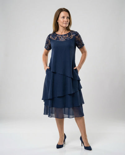 Damen Elegantes Schichtkleid mit Spitzenärmel und asymmetrischem Saum