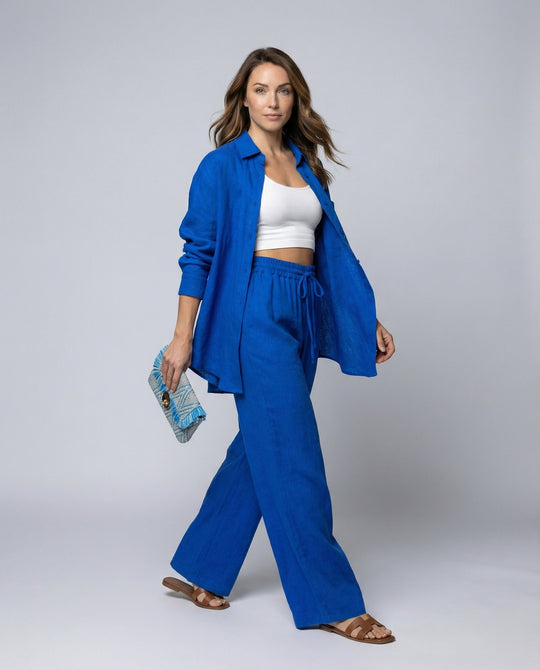 Damen Lässiges Leinen-Outfit mit weit geschnittenem Hemd und lockeren Hosen