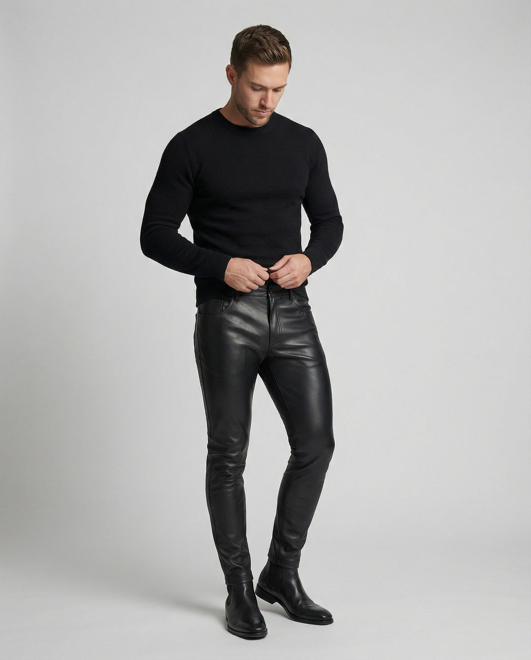 Herren Kunstleder Hose Slim Fit