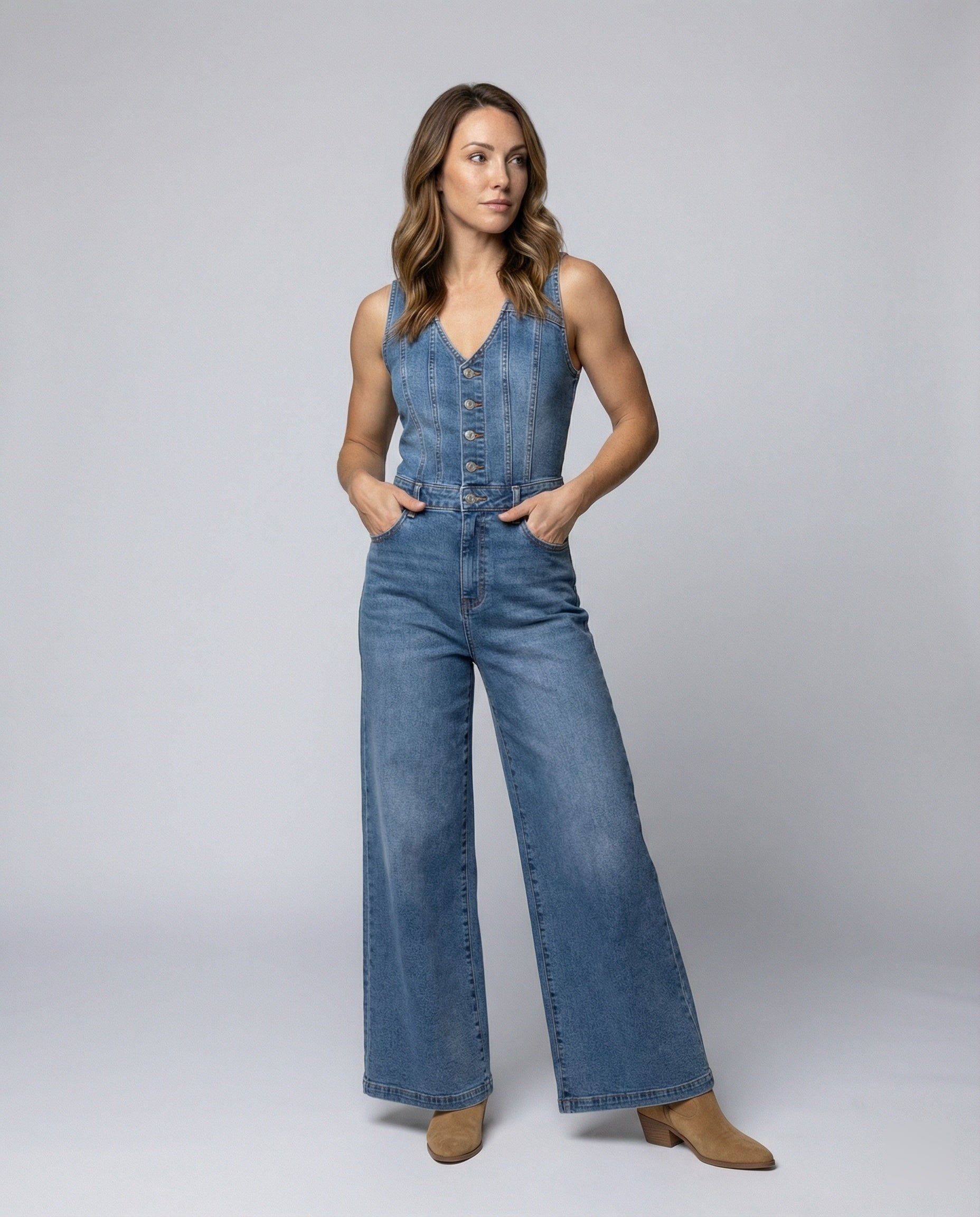 Damen Jumpsuit mit weit geschnittenen Beinen und eleganter Knopfleiste