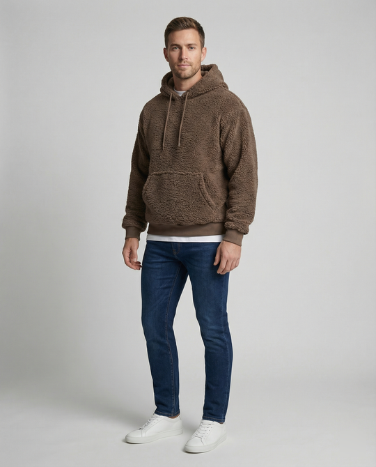 Herren Kuscheliger Teddy-Pullover mit Kapuze und elastischem Bund