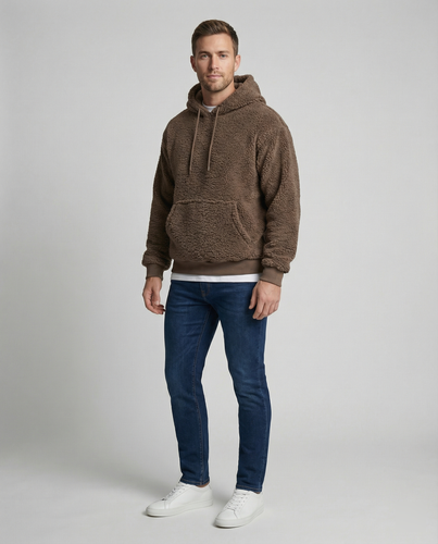 Herren Kuscheliger Teddy-Pullover mit Kapuze und elastischem Bund