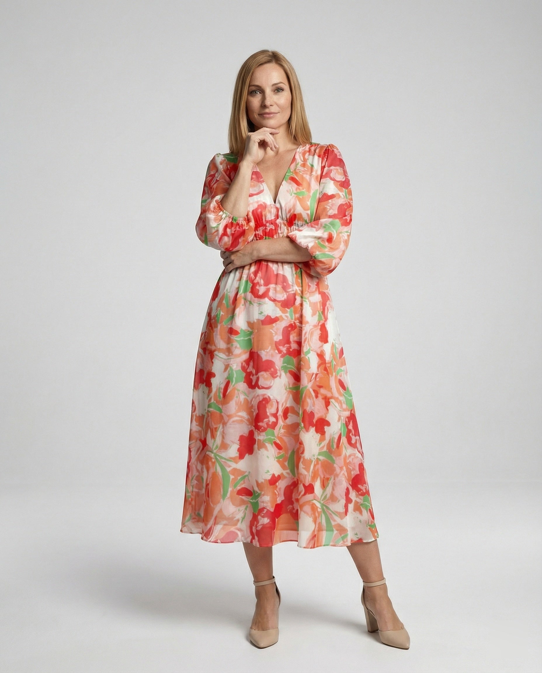 Damen Midikleid V-Ausschnitt Print