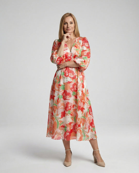 Damen Midikleid V-Ausschnitt Print