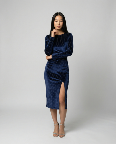 Damen Samt-Midikleid mit eleganten Pailletten und seitlichem Schlitz Shopnory